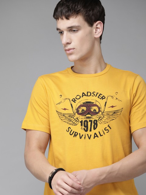 

Roadster Men Mustard Yellow Pure Cotton Printed Round Neck T-shirt