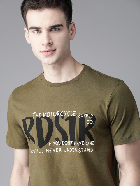 

The Roadster Lifestyle Co Men Olive Green Printed Round Neck Pure Cotton T-shirt