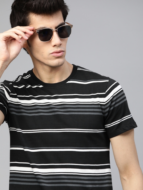 

The Roadster Lifestyle Co Men Black White Striped Pure Cotton T-shirt
