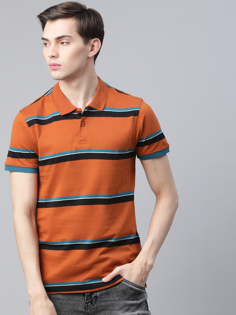 

The Roadster Lifestyle Co Men Rust Orange & Black Pure Cotton Striped Polo Collar T-shirt