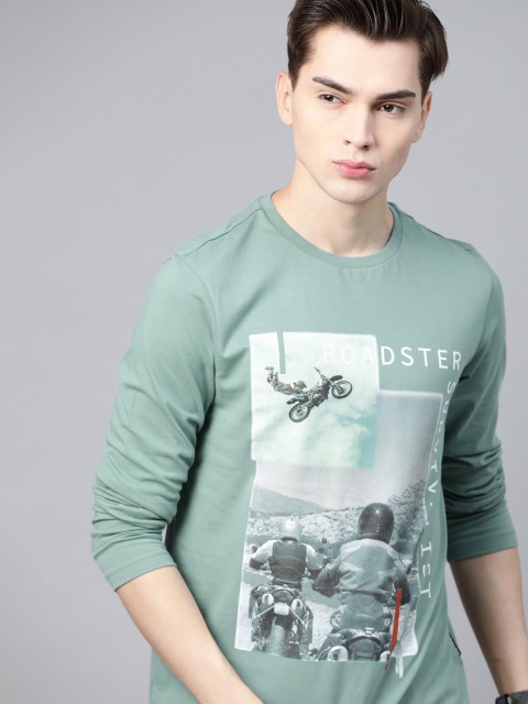 

Roadster Men Green & Off White Pure Cotton Biker Printed T-shirt