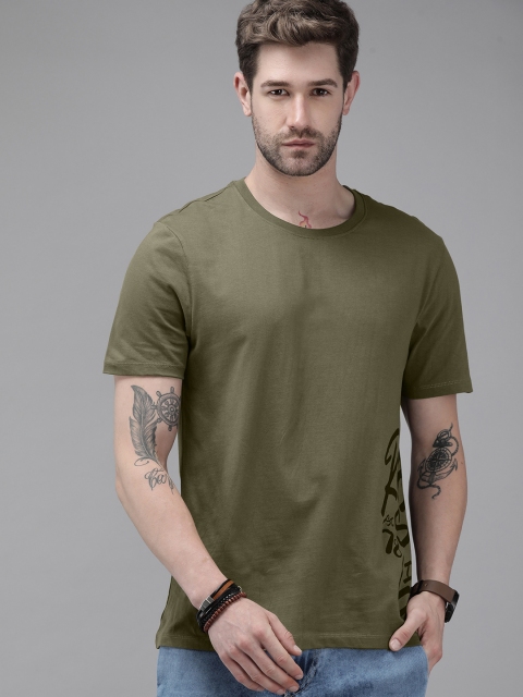 

The Roadster Lifestyle Co Men Olive Green Brand Logo Printed Pure Cotton T-shirt