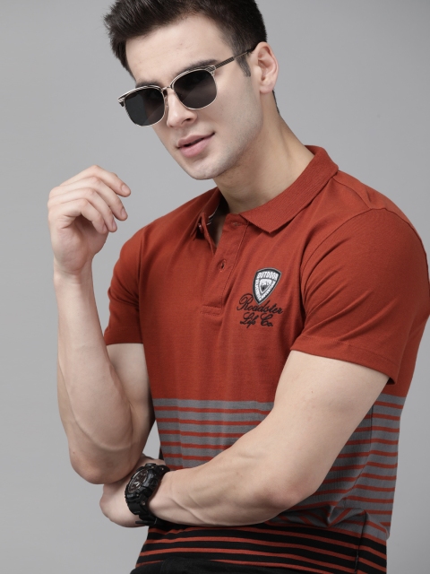 

The Roadster Lifestyle Co Men Rust Brown & Grey Pure Cotton Striped Applique Polo Collar T-shirt