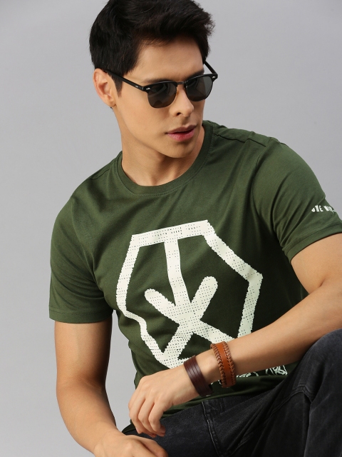 

The Roadster Lifestyle Co Men Olive Green Brand Logo Printed Pure Cotton T-shirt