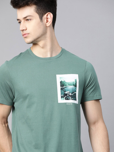 

The Roadster Lifestyle Co Men Green & White Pure Cotton Biker Printed T-shirt