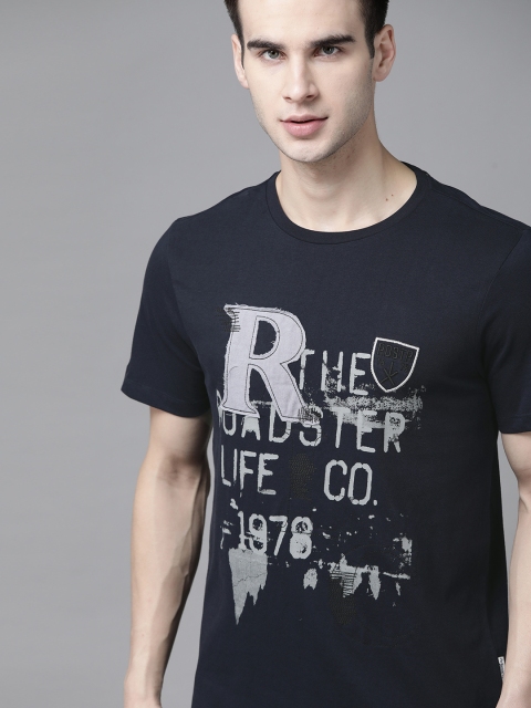 

The Roadster Lifestyle Co Men Navy Blue Brand Logo Printed Pure Cotton T-shirt