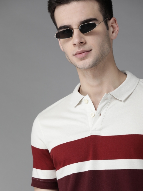 

The Roadster Lifestyle Co Men Off-White & Burgundy Pure Cotton Striped Polo Collar T-shirt