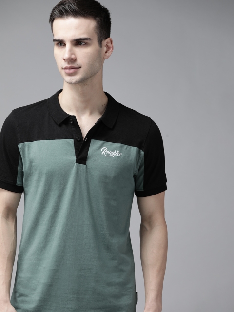 

Roadster Men Green Black Colourblocked Pure Cotton Polo Collar Pure Cotton T-shirt