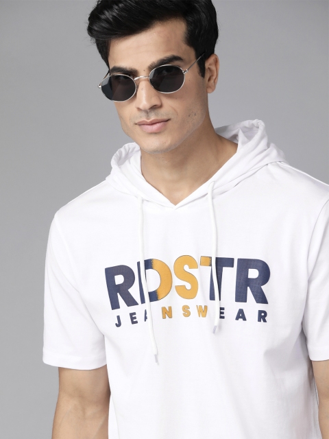 

Roadster Men White & Charcoal Grey Pure Cotton Brand Logo Printed Hooded T-shirt