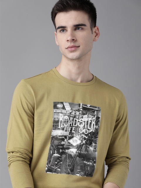 

The Roadster Lifestyle Co Men Khaki Pure Cotton Printed Round Neck T-shirt