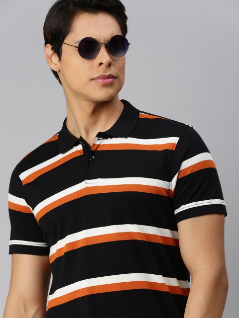 

The Roadster Lifestyle Co Men Black White Striped Polo Collar Pure Cotton T-shirt