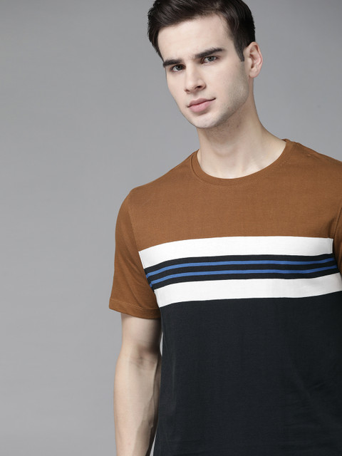 

The Roadster Lifestyle Co Men Black & Mustard Brown Striped Pure Cotton T-shirt