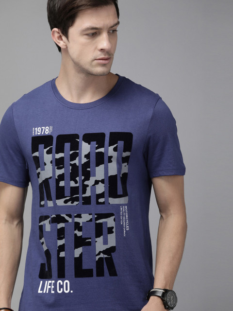 

The Roadster Lifestyle Co Men Navy Blue Brand Logo Printed Pure Cotton T-shirt