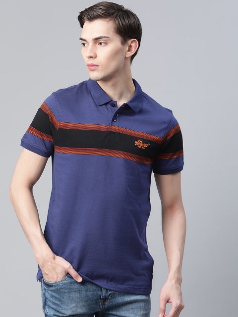 

The Roadster Lifestyle Co Men Blue & Black Pure Cotton Striped Polo Collar T-shirt