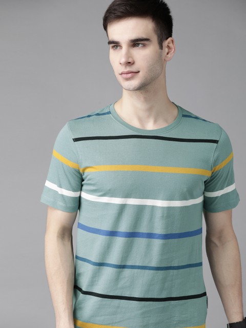 

The Roadster Lifestyle Co Men Green & Blue Striped Cotton T-shirt