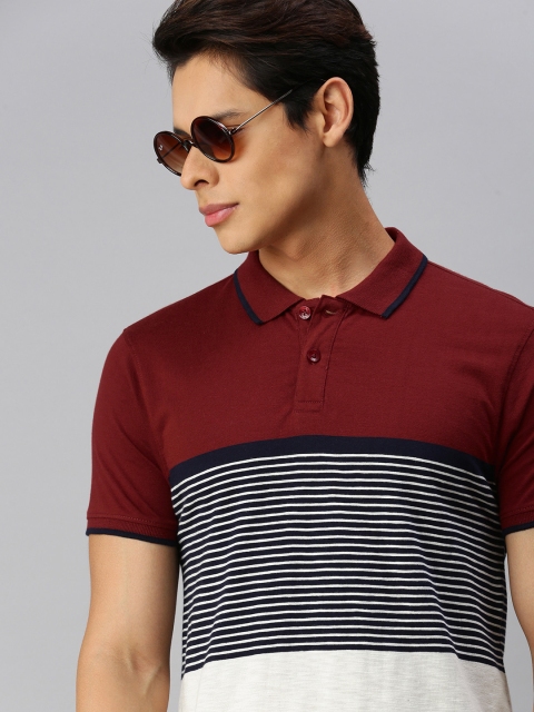 

The Roadster Lifestyle Co Men Maroon White Colourblocked Polo Collar Pure Cotton T-shirt