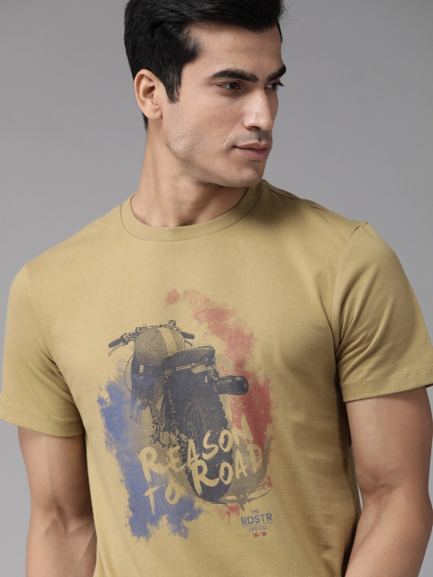 

The Roadster Lifestyle Co Men Khaki & Black Biker Print Cotton Round Neck T-shirt