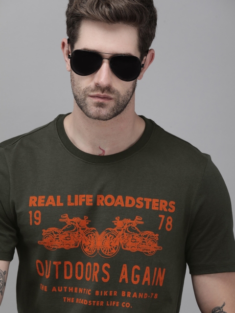 

Roadster Men Olive Green Brand Logo Printed Pure Cotton T-shirt