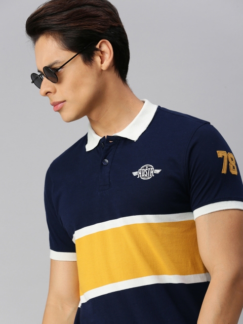

Roadster Men Navy Blue Yellow Colourblocked Polo Collar Pure Cotton T-shirt