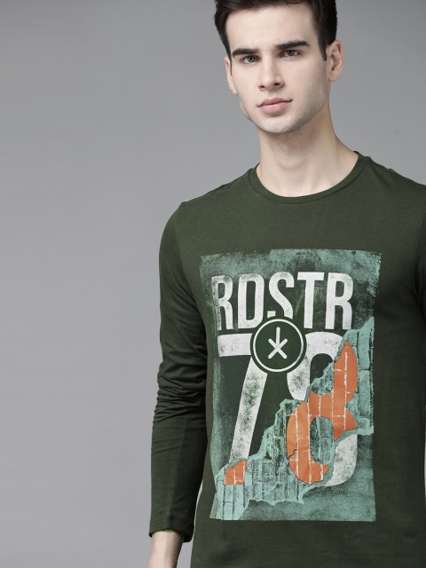 

The Roadster Lifestyle Co Men Olive Green & Off White Brand Logo Printed T-shirt