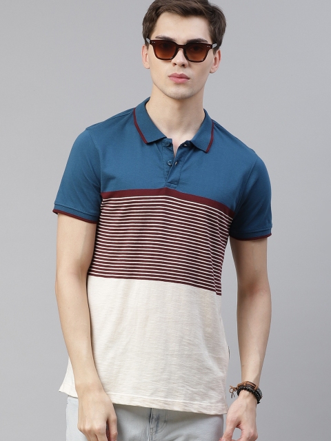 

The Roadster Lifestyle Co Men Teal Blue & Burgundy Striped Pure Cotton Polo Collar T-shirt
