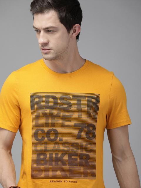 

Roadster Men Mustard Yellow Brand Logo Printed Pure Cotton T-shirt