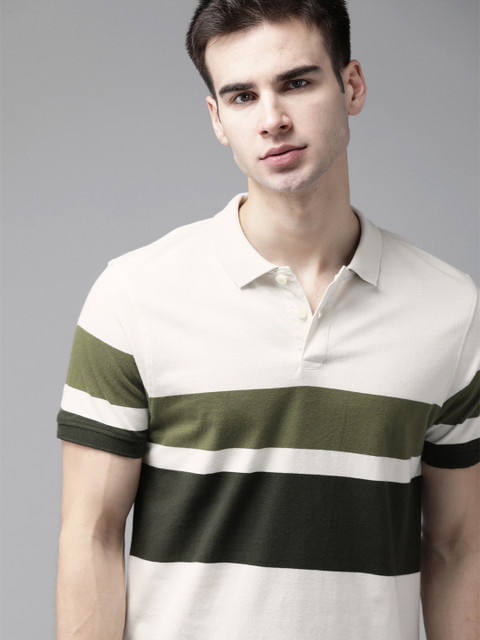 

Roadster Men Off-White & Olive Green Pure Cotton Striped Polo Collar T-shirt