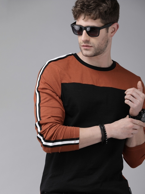 

The Roadster Lifestyle Co Men Rust Brown Black Colourblocked Pure Cotton T-shirt with Side Stripes