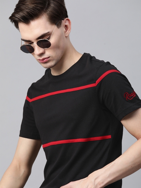 

Roadster Men Black & Red Pure Cotton Striped T-shirt