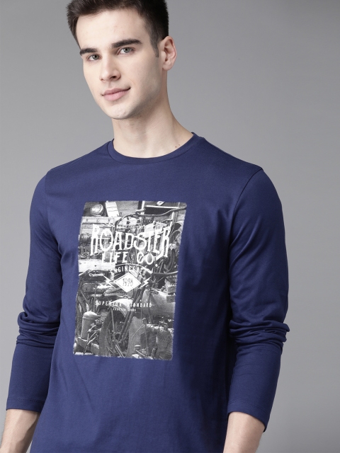 

Roadster Men Navy Blue Pure Cotton Printed Round Neck T-shirt