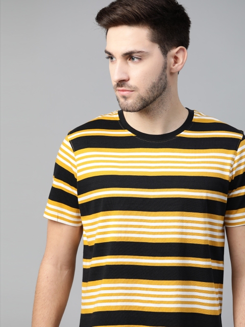 

The Roadster Lifestyle Co Men Black Yellow Striped Pure Cotton T-shirt