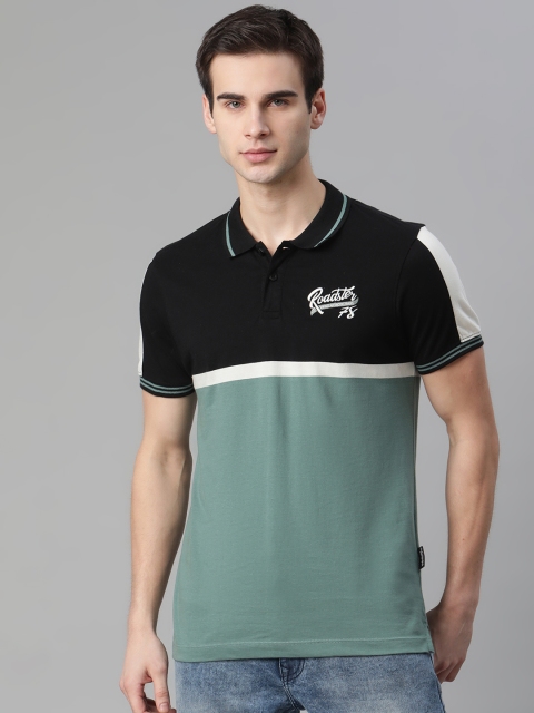 

The Roadster Lifestyle Co Men Black Green Cotton Colourblocked Polo Collar Pure Cotton T-shirt