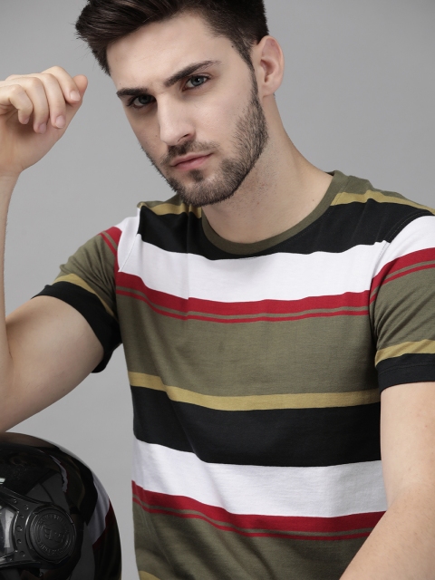 

The Roadster Lifestyle Co Men Olive Green Black Striped Pure Cotton T-shirt