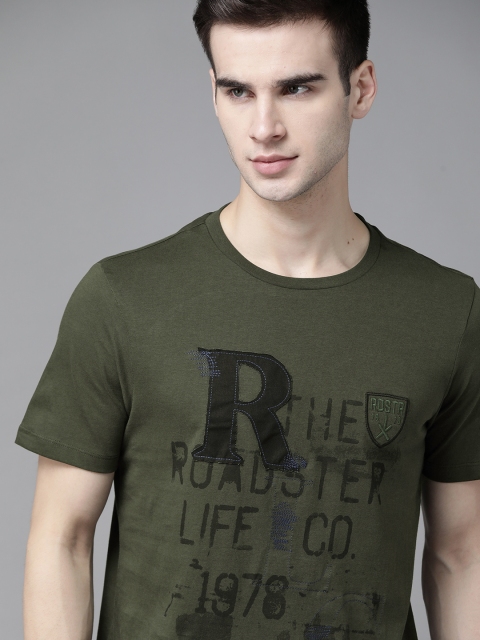 

The Roadster Lifestyle Co Men Olive Green Brand Logo Printed Pure Cotton T-shirt