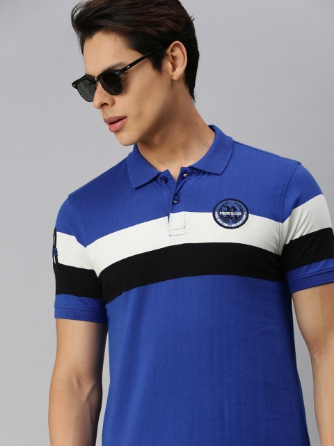 

The Roadster Lifestyle Co Men Blue White Striped Polo Collar Pure Cotton T-shirt