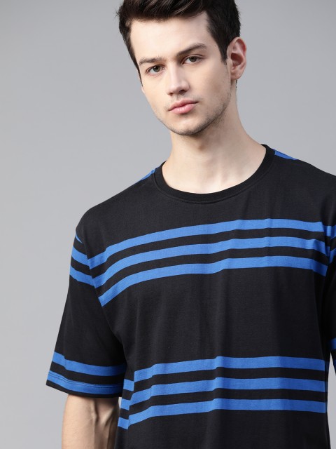 

The Roadster Lifestyle Co Men Black & Blue Striped Pure Cotton T-shirt