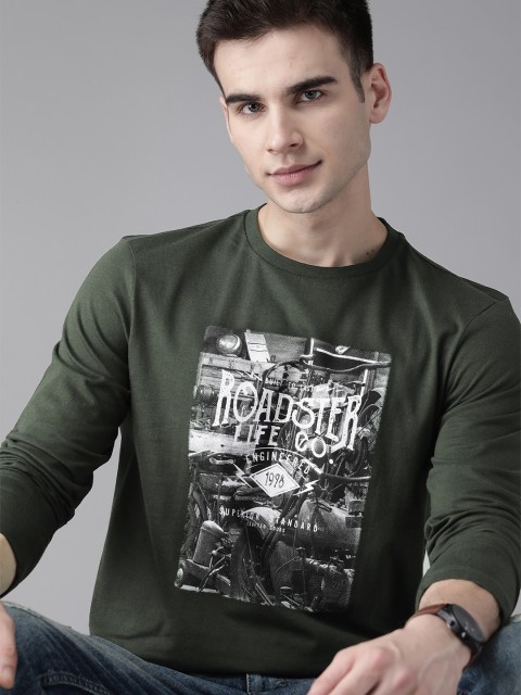 

Roadster Men Olive Green Pure Cotton Printed Round Neck T-shirt