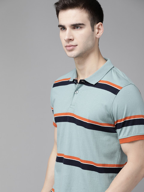 

The Roadster Lifestyle Co Men Sea Green & Black Pure Cotton Striped Polo Collar T-shirt