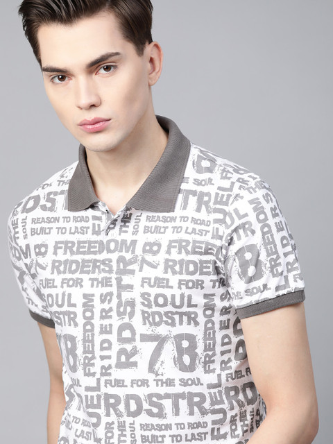

The Roadster Lifestyle Co Men White & Taupe Pure Cotton Brand Logo Printed Polo Collar T-shirt