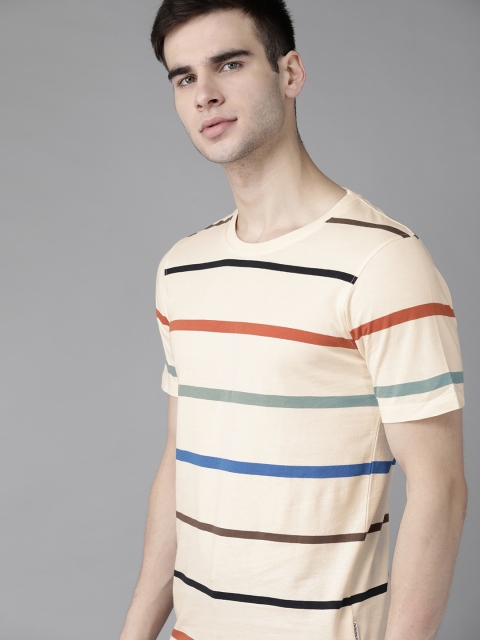 

The Roadster Lifestyle Co Men Cream-Coloured & Blue Striped Cotton T-shirt