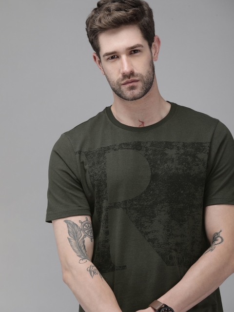 

Roadster Men Olive Green Typography Printed Pure Cotton T-shirt