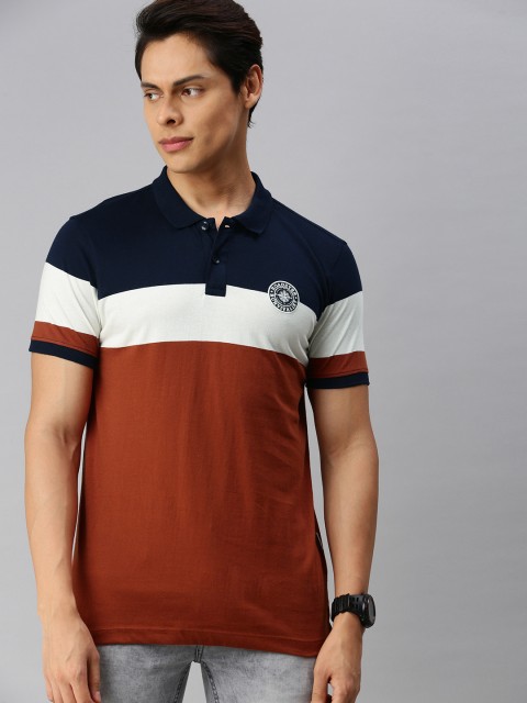 

The Roadster Lifestyle Co Men Rust Navy Blue Colourblocked Polo Collar Pure Cotton T-shirt