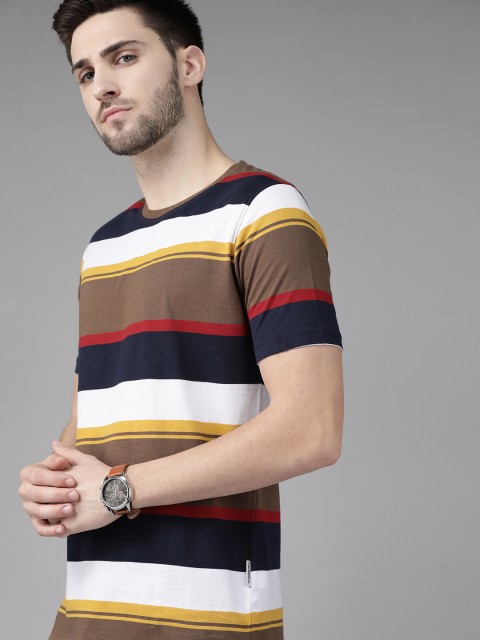

The Roadster Lifestyle Co Men Brown White Striped Pure Cotton T-shirt