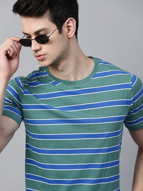 

The Roadster Lifestyle Co Men Green Blue Pure Cotton Striped Pure Cotton T-shirt