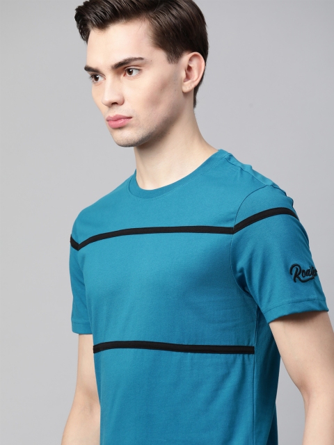 

The Roadster Lifestyle Co Men Blue & Black Pure Cotton Striped T-shirt
