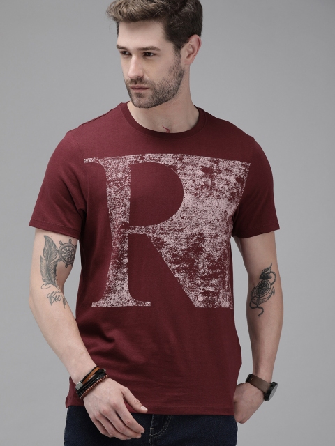 The Roadster Lifestyle Co Men Burgundy Typography Printed Pure Cotton T-shirt