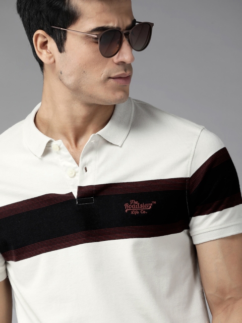 

The Roadster Lifestyle Co Men Off-White & Black Pure Cotton Striped Polo Collar T-shirt