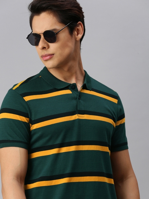 

The Roadster Lifestyle Co Men Green Yellow Striped Polo Collar Pure Cotton T-shirt