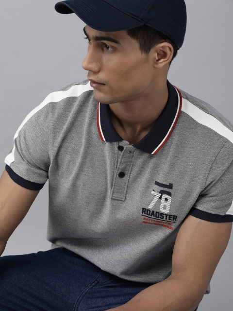 

The Roadster Lifestyle Co Men Navy Blue Polo Collar Pure Cotton T-shirt with Logo