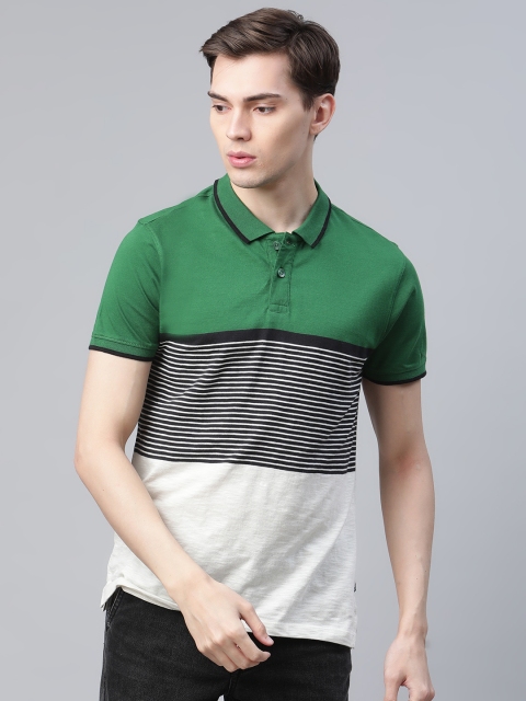 

The Roadster Lifestyle Co Men Green White Colourblocked Pure Cotton Polo Collar Pure Cotton T-shirt